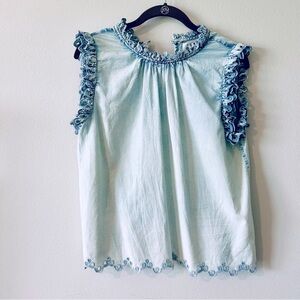 THML Ruffle Neck Sleeveless Denim Eyelet Blouse (M)
